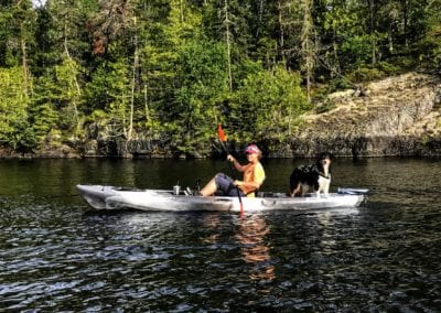 Kayak Ontario Lower Manitou fishing with dog