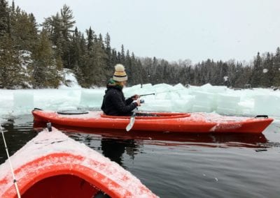 Winter Ice fishing for lake trout - out of kayak at the Lower Manitou