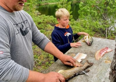 Filleting fresh northern pike and walleye for shore lunch