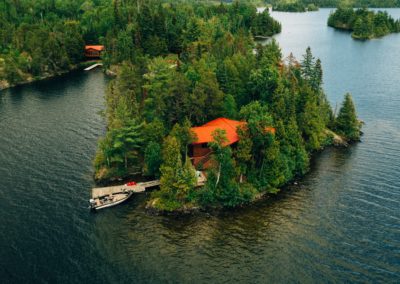 Aerial photo of point cabin with red roof