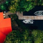Bay Cabin and front deck and boat dock aerial view