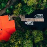 Bay Cabin and front deck and boat dock aerial view